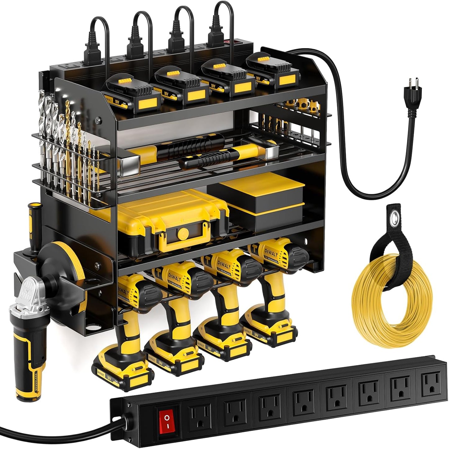 POKIPO Grand Support Mural Pour Outils électriques Avec Station De Charge, 4 Couches En Métal Robuste, Charge 272,2 Kg Avec 8 Porte-perceuses Sans Fil, Charge De Batterie Avec 4 Multiprises