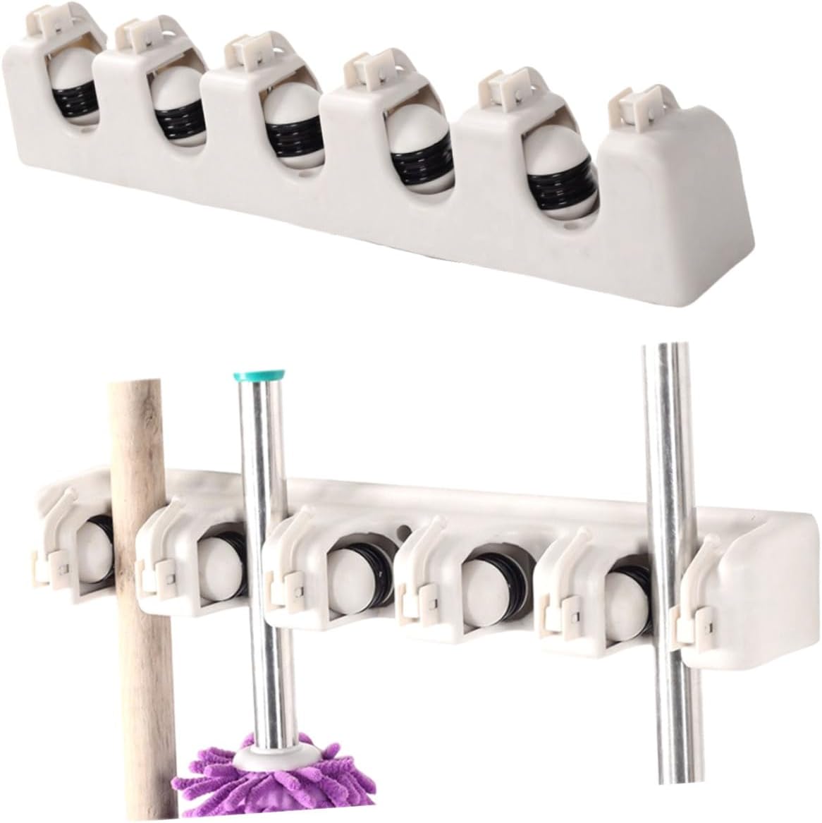  Ciieeo Support Mural Porte-balai Multifonction Beige En Plastique Abs Avec 6 Crochets Et 5 Positions, Étanche, Pour Buanderie Et Jardin