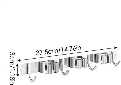  Generisch Support Mural Pour Serpillière, Support Mural, 3 Racks, 4 Crochets De Rangement, Crochets Pour Buanderie, Cuisine, Armoire, Abri De Jardin