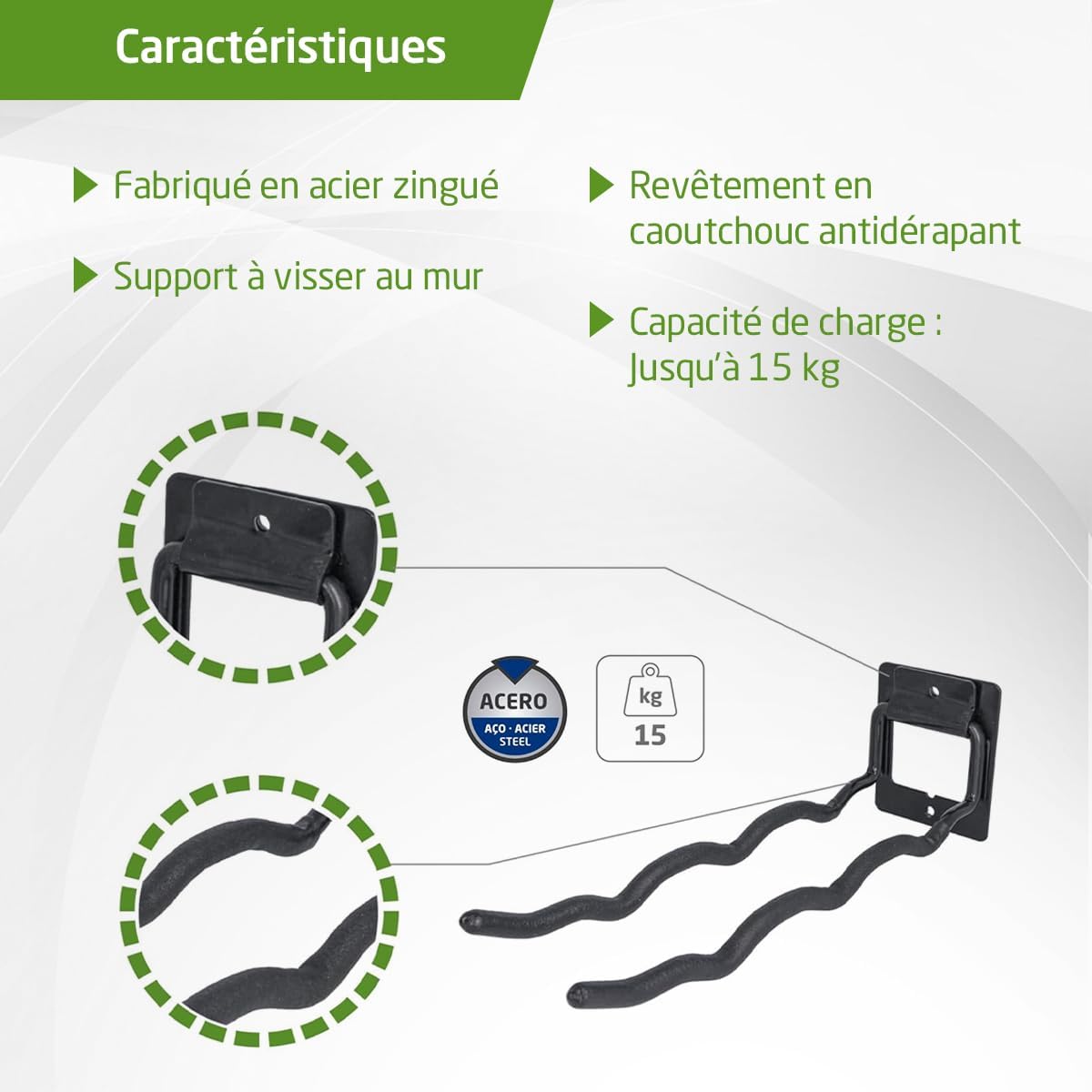  Amig - Crochet Pour Accrocher Outils - Support à Montage Mural - Acier Galvanisé - Revêtement En Caoutchouc Antidérapant - Capacité De Charge 15kg - Idéal Pour Vélos Et Outils De Jardin