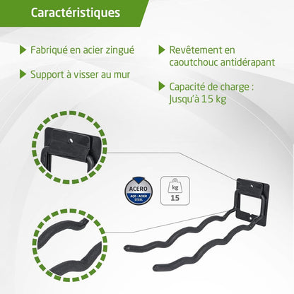  Amig - Crochet Pour Accrocher Outils - Support à Montage Mural - Acier Galvanisé - Revêtement En Caoutchouc Antidérapant - Capacité De Charge 15kg - Idéal Pour Vélos Et Outils De Jardin