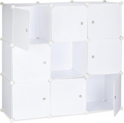  Relaxdays Étagère Rangement 9 Casiers Portes Plastique Modulable DIY Assemblage Plug In Bibliothèque, Blanc, 95.5 X 32 X 95.5 Cm