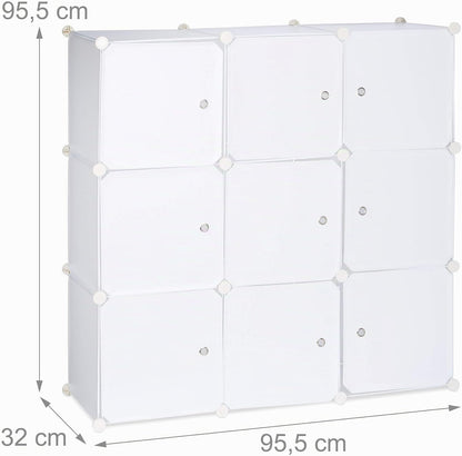  Relaxdays Étagère Rangement 9 Casiers Portes Plastique Modulable DIY Assemblage Plug In Bibliothèque, Blanc, 95.5 X 32 X 95.5 Cm