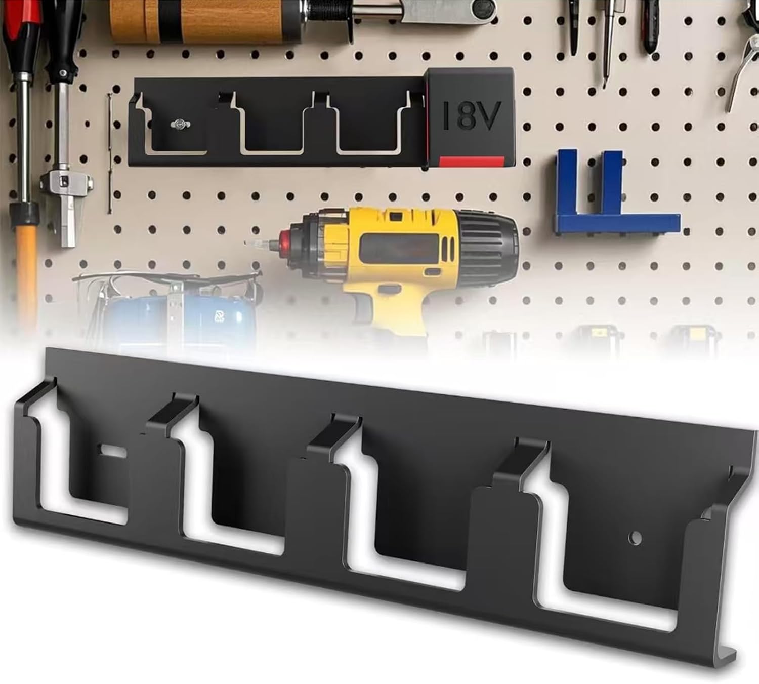 GENERIC Organiseur De Piles Mural En Acier Massif à 4 Emplacements | Porte-piles 18 V | Pour Garage, Bureau, Maison, Chambre à Coucher, étude, Salon Intérieur
