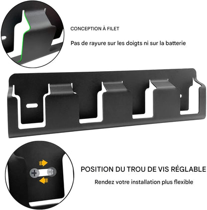  Générique Support Mural Organisateur Pour Piles - Support Robust En Acier Solide À 4 Emplacements - Murale Pour Batterie 18V,Pour Salon, Chambre, Salle D'Étude, Garage Et Bureau À Domicile
