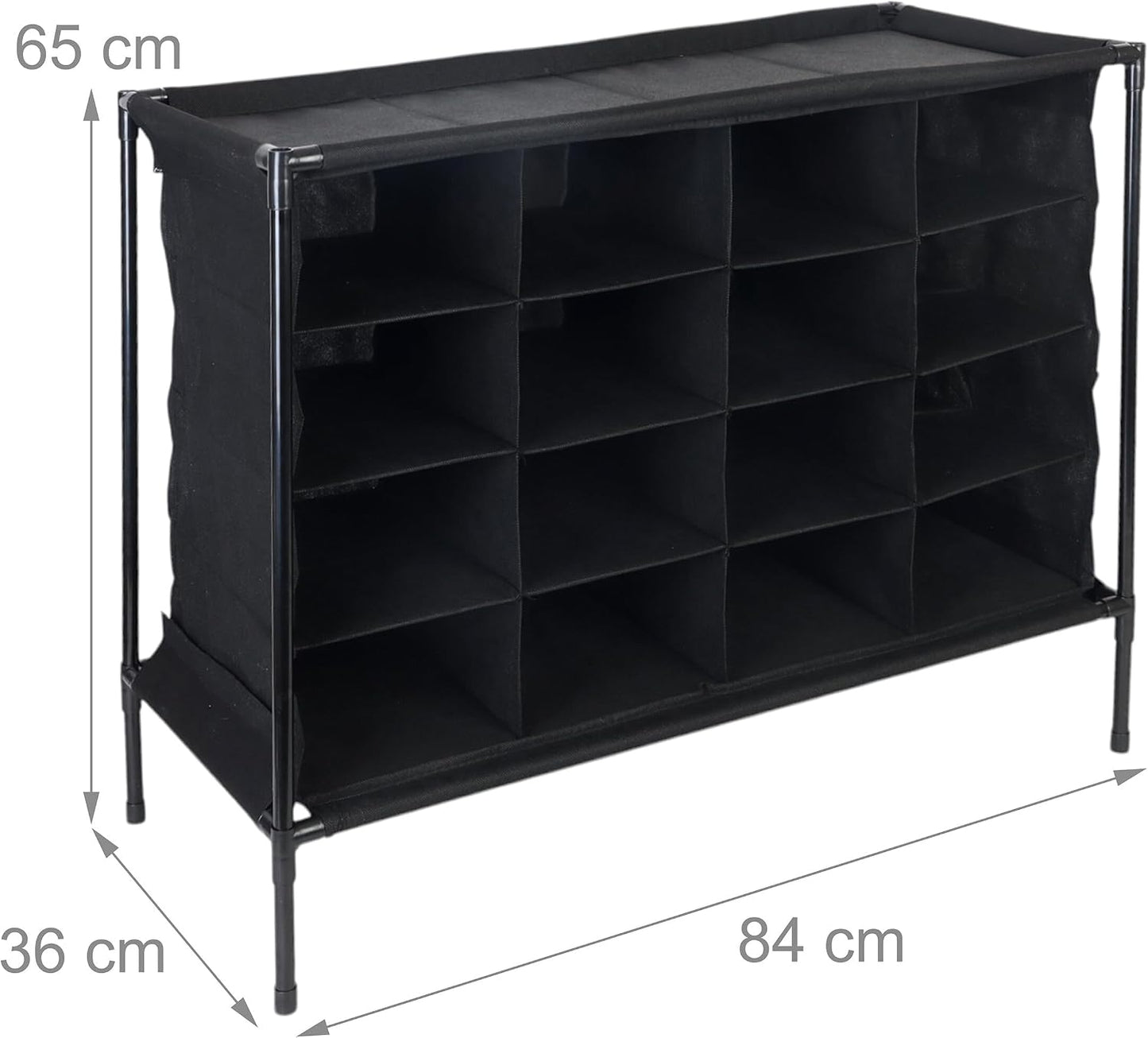  Relaxdays Meuble à Chaussures Pour Le Camping, 16 Compartiments, Montage Facile, H X L X P : 65 X 84 X 36 Cm, Noir