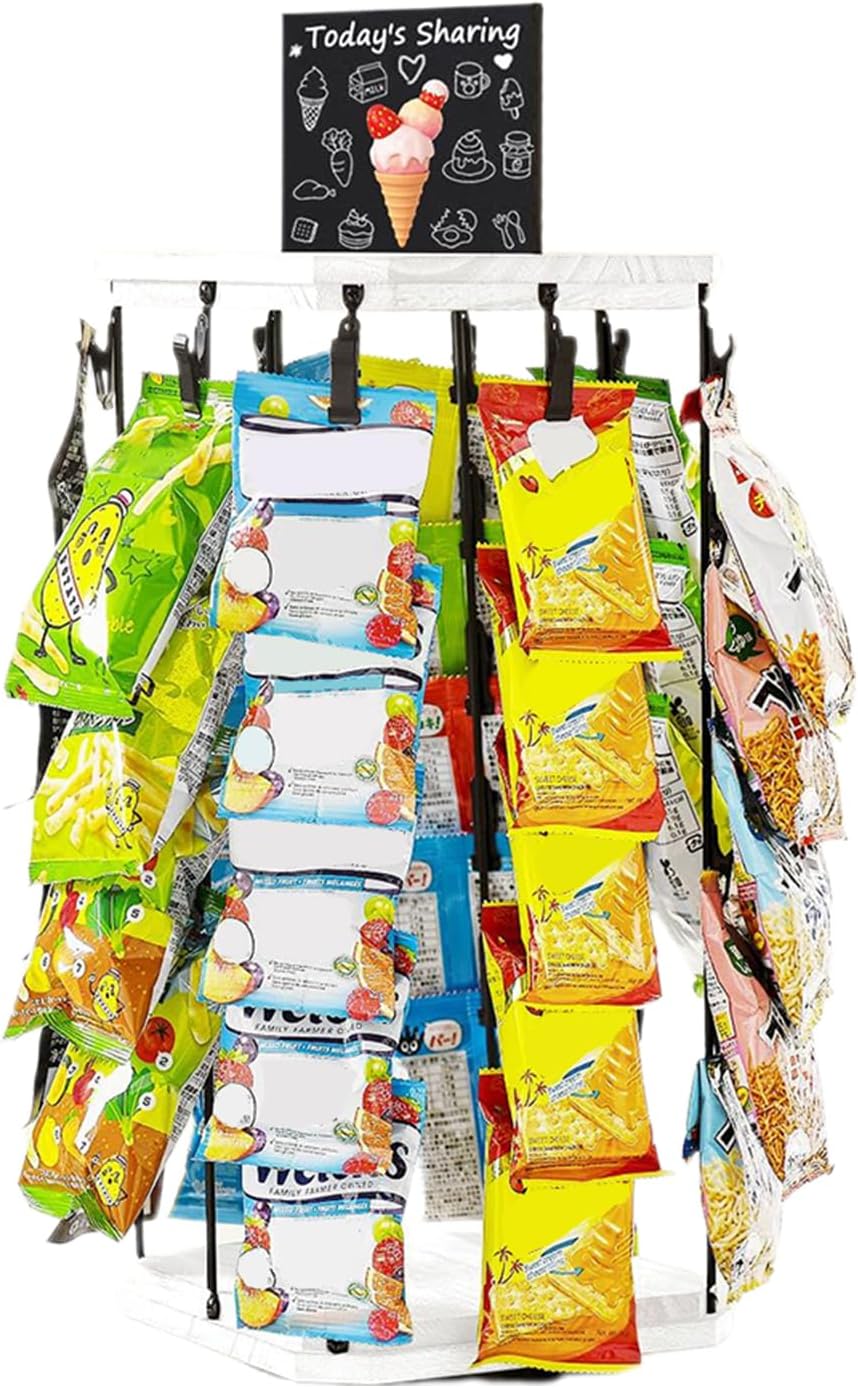  Présentoir à Snacks - Support À Chips Organisateur Avec Porte-Étiquettes - 5 Niveaux 40 Pinces Plateau Tournant 360° Avec Tableau D'Affichage Pour Organisation De Cuisine Et Garde-Manger