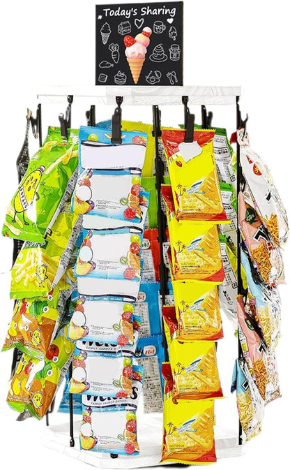  Présentoir à Snacks - Support À Chips Organisateur Avec Porte-Étiquettes - 5 Niveaux 40 Pinces Plateau Tournant 360° Avec Tableau D'Affichage Pour Organisation De Cuisine Et Garde-Manger