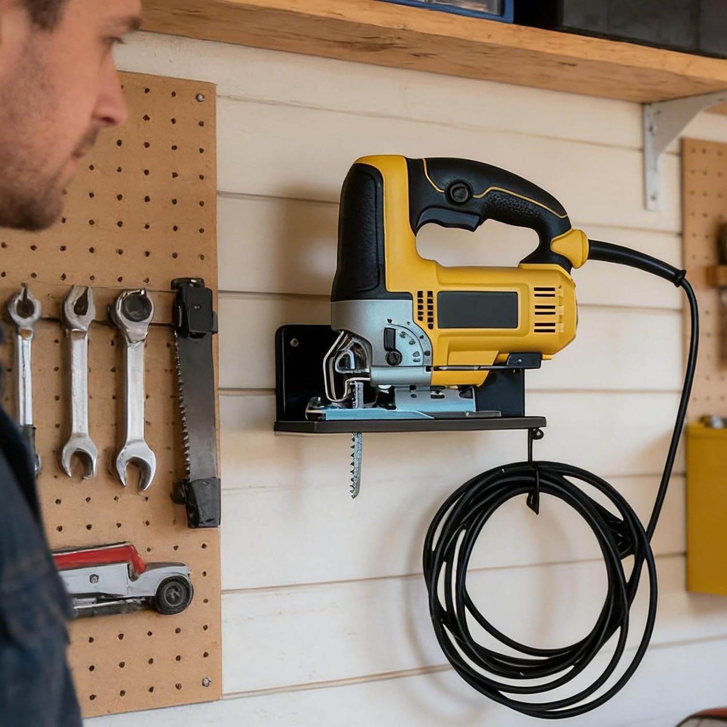 GENERIC Support Mural Pour Scie Sauteuse – Organiseur D'outils électriques Pour Garage | Cadre En Métal Avec Crochets Stables, Solution De Rangement Compacte, Sous-sol, Appartement, Atelier, Atelier De Ferme
