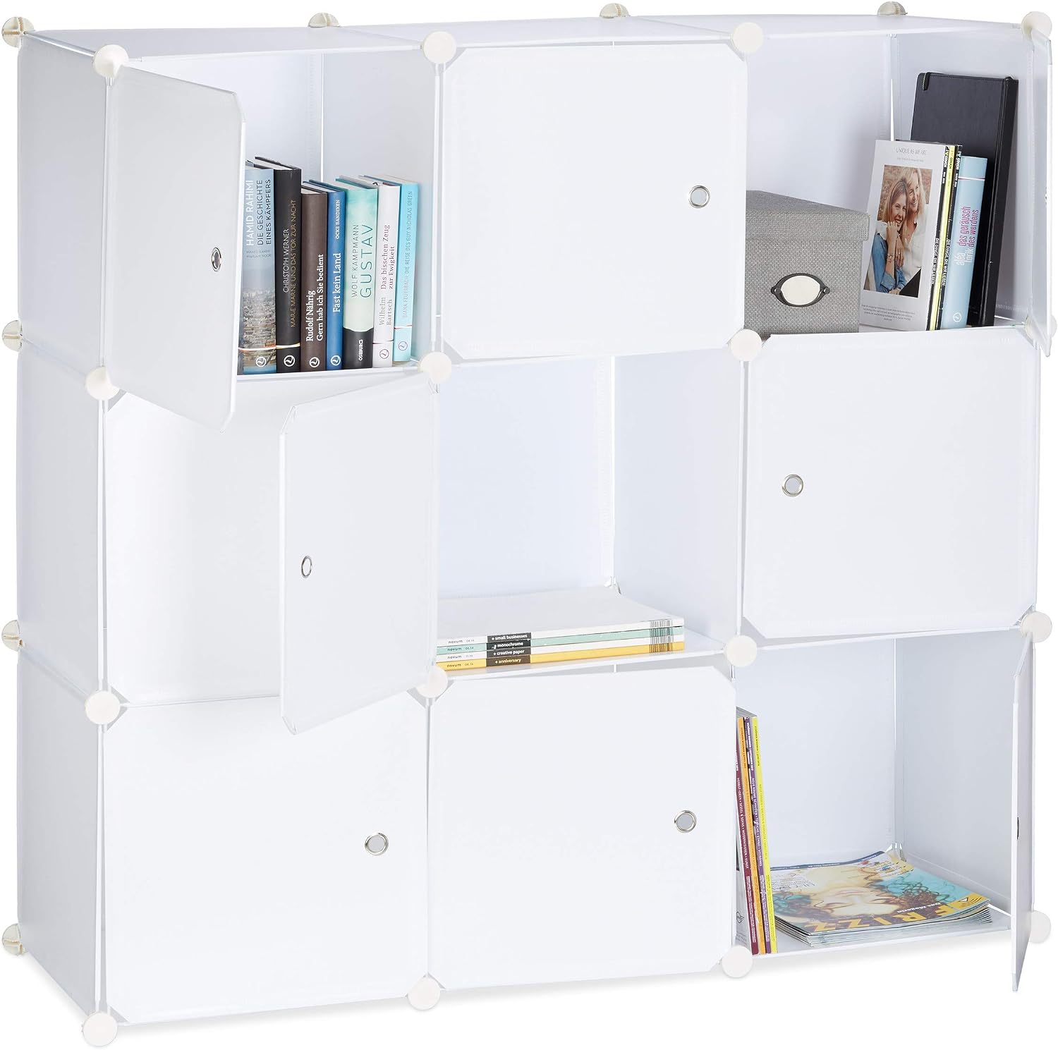  Relaxdays Étagère Rangement 9 Casiers Portes Plastique Modulable DIY Assemblage Plug In Bibliothèque, Blanc, 95.5 X 32 X 95.5 Cm
