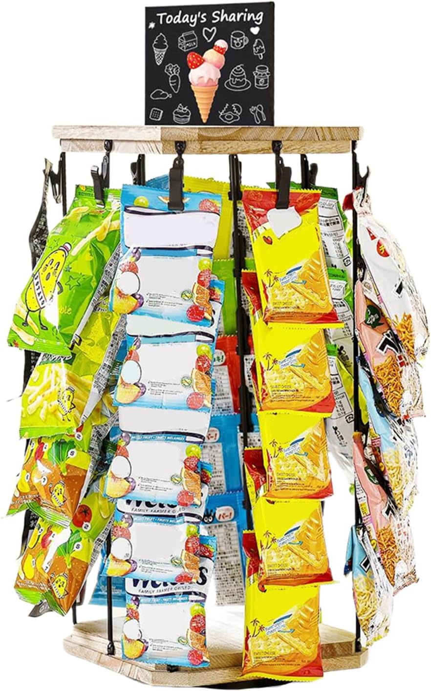  Présentoir à Snacks - Support À Chips Organisateur Avec Porte-Étiquettes - 5 Niveaux 40 Pinces Plateau Tournant 360° Avec Tableau D'Affichage Pour Organisation De Cuisine Et Garde-Manger