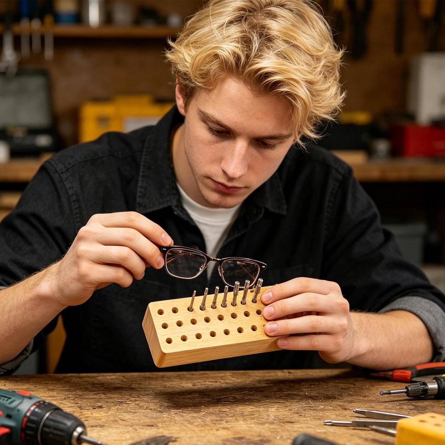GENERIC Porte-outils En Cuir – Organiseur Portable En Bois 30 Trous, Fabriqué à La Main En Bois Massif Avec Différentes Tailles De Trous Pour L'artisanat Du Cuir, Le Travail Du Bois Et Les Outils De Sculpture
