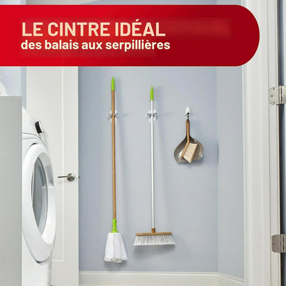  Command Crochet Mural Pour Balai Et Serpillère, Sans Dommages, Support Mural Pour Balai Et Serpillère, Sans Outils, Organisateur De Nettoyage Pour Les Espaces De Vie, 2 Cintres Et 4 Bandes De Commande