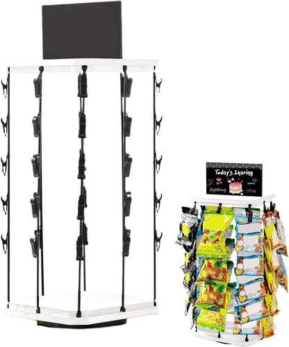  Présentoir à Chips - Organisateur De Snacks Avec Support En Bois - Présentoir Tournant 5 Niveaux 40 Pinces, Organisateur De Cuisine Avec Base En Bois Et Tableau D'Affichage Pour Comptoir Et Stockage