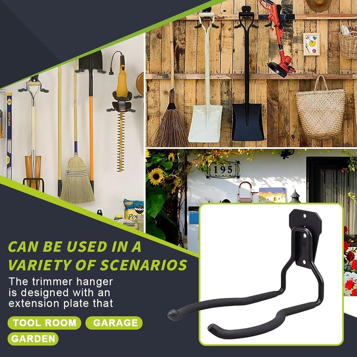  Générique Porte-Outils De Jardin Mural | Support D'Outils Noir Antirouille - Suspension Pour Outils | Organisateur Polyvalent Gain De Place Avec Crochets Pour Système De Rangement Mural De Garage
