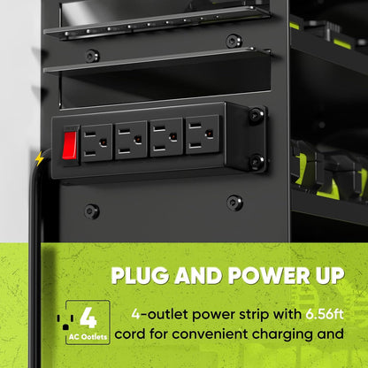  POKIPO Grand Support Mural Pour Outils électriques Avec Station De Charge, 4 Couches En Métal Robuste, Charge 272,2 Kg Avec 8 Porte-perceuses Sans Fil, Charge De Batterie Avec 4 Multiprises