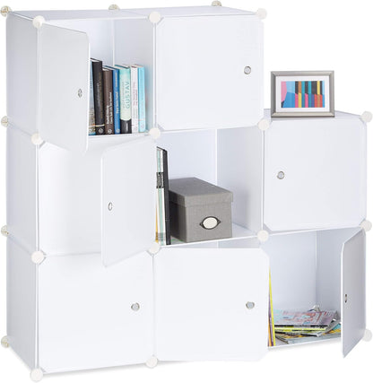  Relaxdays Étagère Rangement 9 Casiers Portes Plastique Modulable DIY Assemblage Plug In Bibliothèque, Blanc, 95.5 X 32 X 95.5 Cm