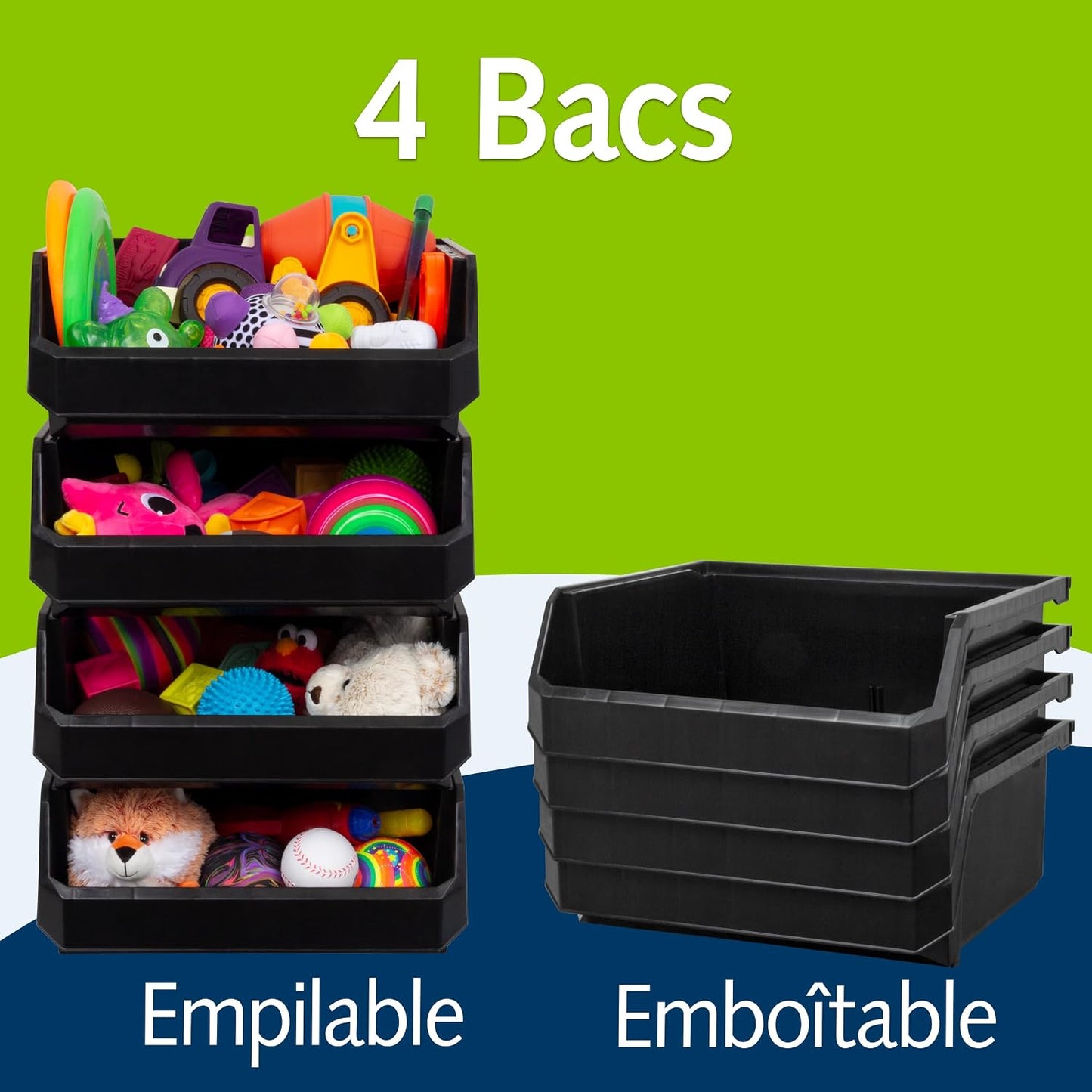  ReadySpace Lot De 4 Conteneurs En Plastique Extra Larges Pour Organiser Et Ranger Les Placards, La Cuisine, Le Bureau Ou Le Garde-manger, 37,5 X 41,9 X 17,8 Cm, Noir