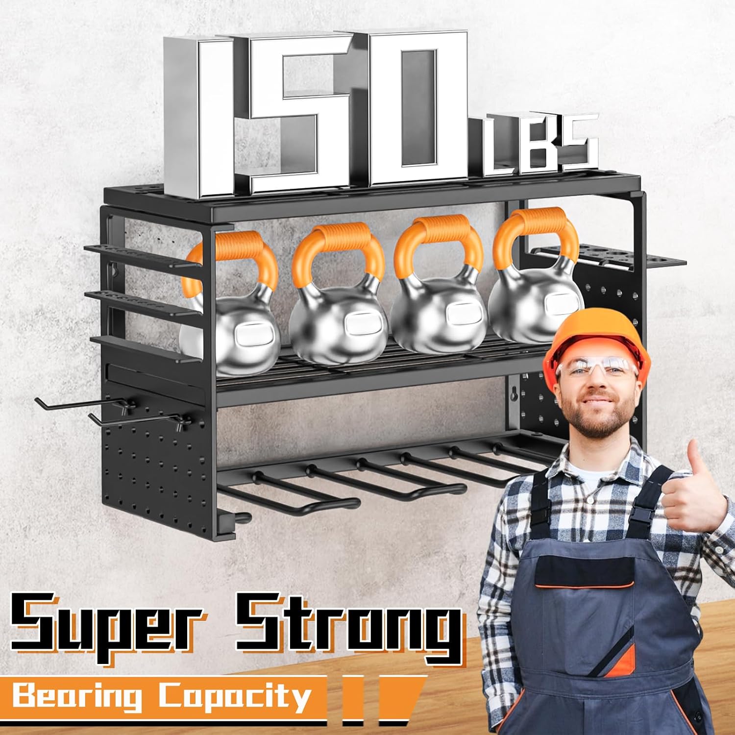  Support Mural Pour Outils électriques, Capacité De Charge De 68 Kg Avec 4 Supports De Perceuse, étagère Utilitaire à 3 Couches Pour Rangement De Garage Et D'atelier (noir)