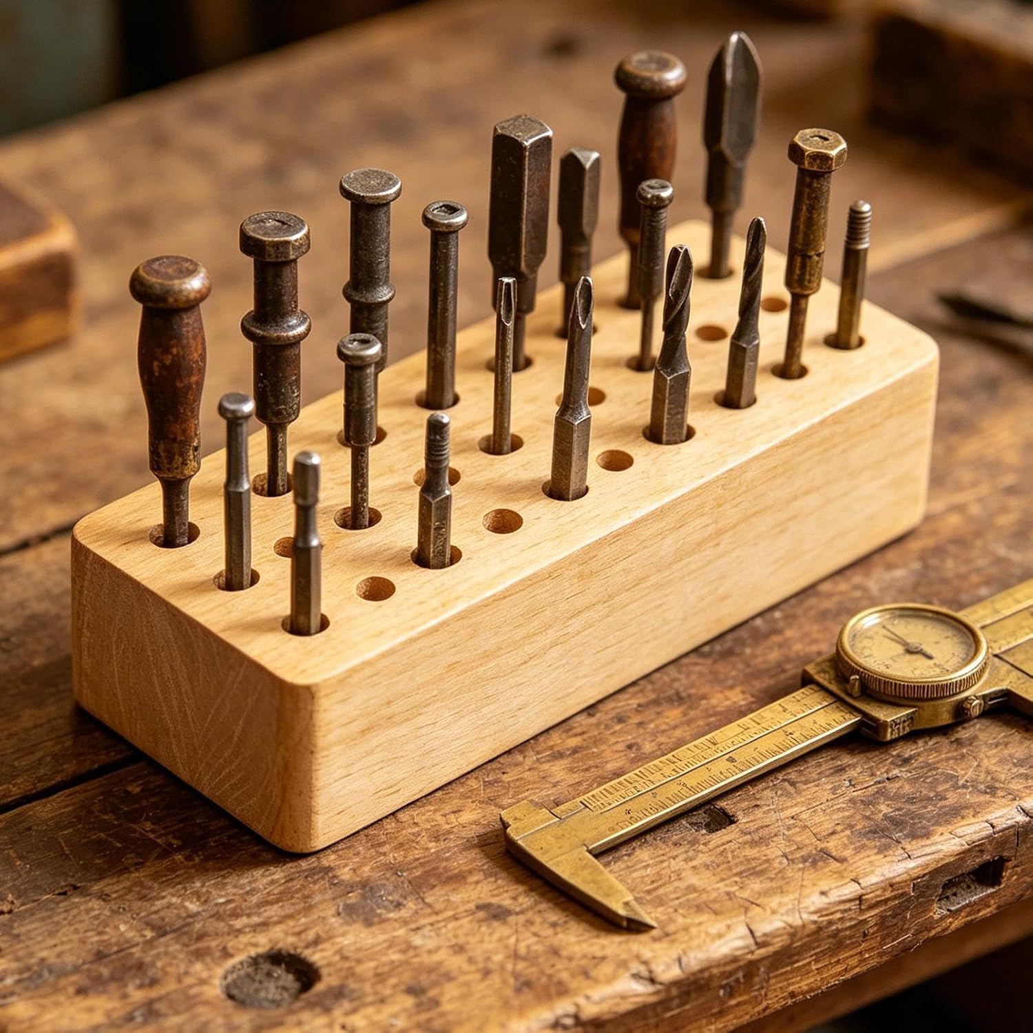 GENERIC Porte-outils En Cuir – Organiseur Portable En Bois 30 Trous, Fabriqué à La Main En Bois Massif Avec Différentes Tailles De Trous Pour L'artisanat Du Cuir, Le Travail Du Bois Et Les Outils De Sculpture