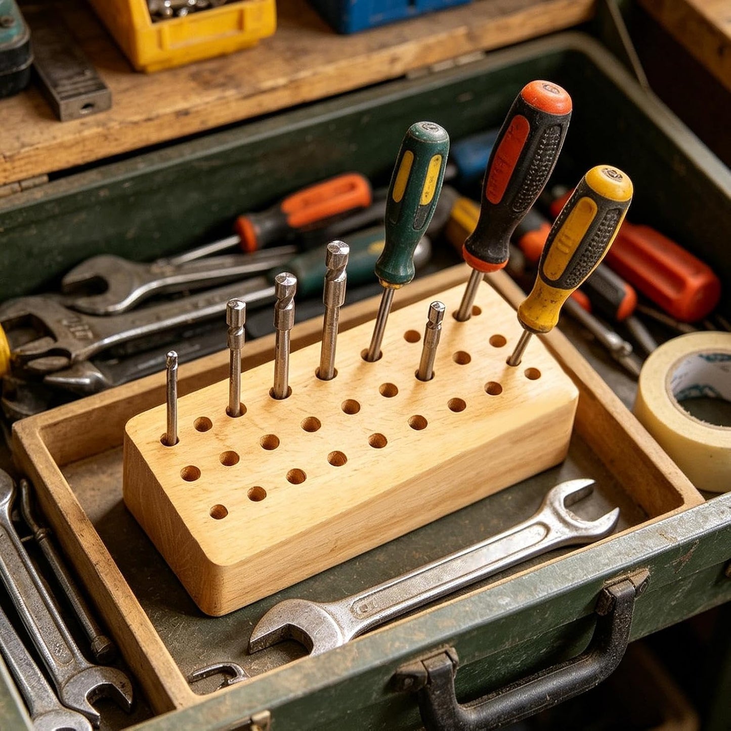 GENERIC Porte-outils En Cuir – Organiseur Portable En Bois 30 Trous, Fabriqué à La Main En Bois Massif Avec Différentes Tailles De Trous Pour L'artisanat Du Cuir, Le Travail Du Bois Et Les Outils De Sculpture