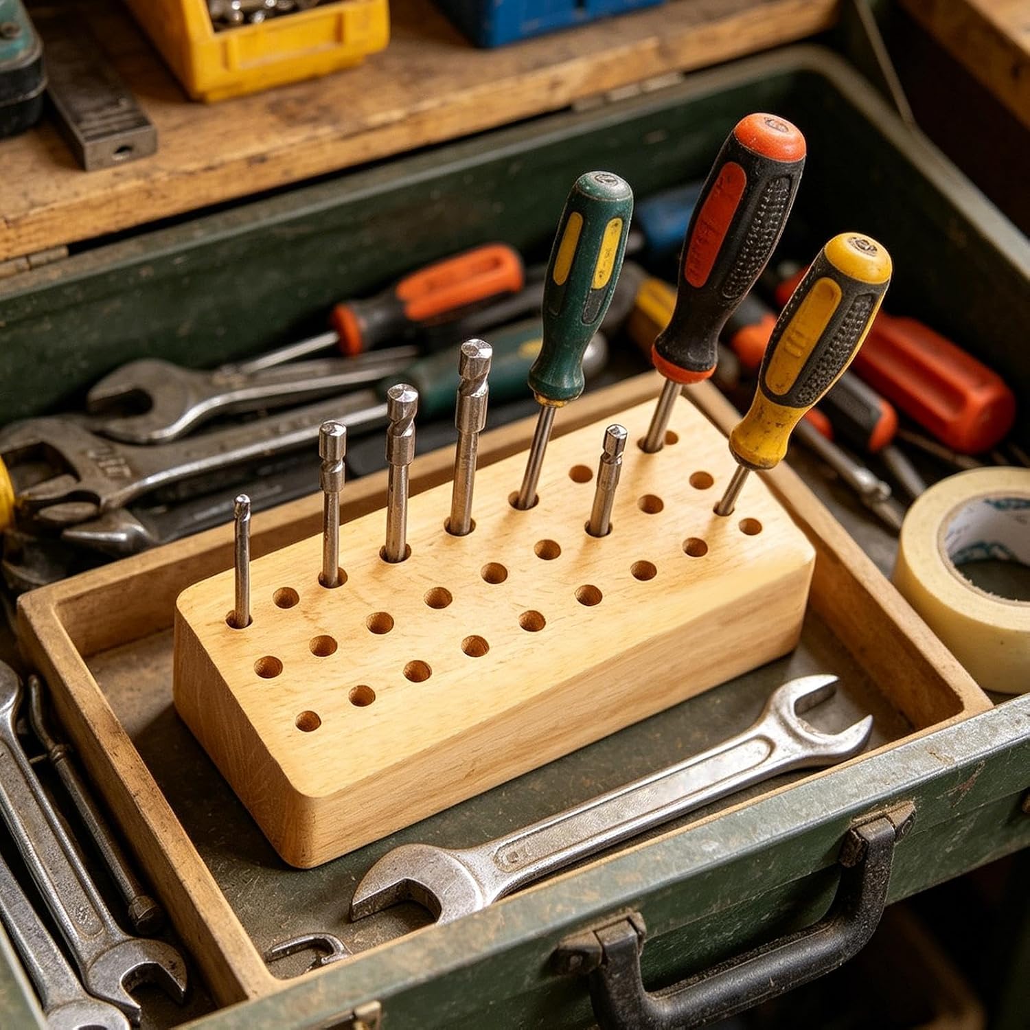 GENERIC Porte-outils En Cuir – Organiseur Portable En Bois 30 Trous, Fabriqué à La Main En Bois Massif Avec Différentes Tailles De Trous Pour L'artisanat Du Cuir, Le Travail Du Bois Et Les Outils De Sculpture