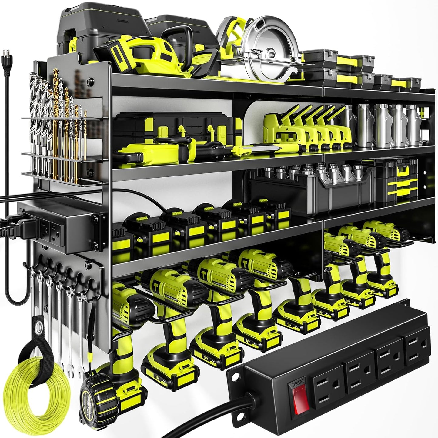  POKIPO Grand Support Mural Pour Outils électriques Avec Station De Charge, 4 Couches En Métal Robuste, Charge 272,2 Kg Avec 8 Porte-perceuses Sans Fil, Charge De Batterie Avec 4 Multiprises