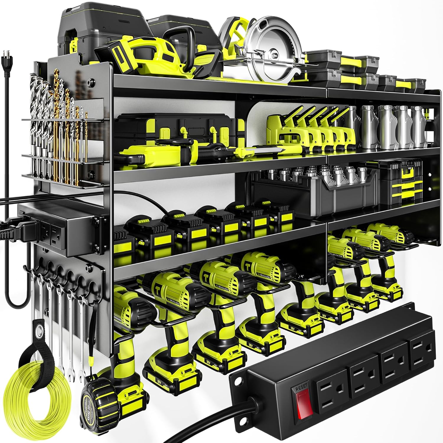 POKIPO Grand Support Mural Pour Outils électriques Avec Station De Charge, 4 Couches En Métal Robuste, Charge 272,2 Kg Avec 8 Porte-perceuses Sans Fil, Charge De Batterie Avec 4 Multiprises