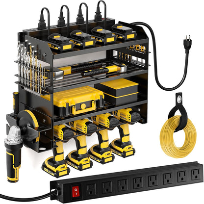  POKIPO Grand Support Mural Pour Outils électriques Avec Station De Charge, 4 Couches En Métal Robuste, Charge 272,2 Kg Avec 8 Porte-perceuses Sans Fil, Charge De Batterie Avec 4 Multiprises