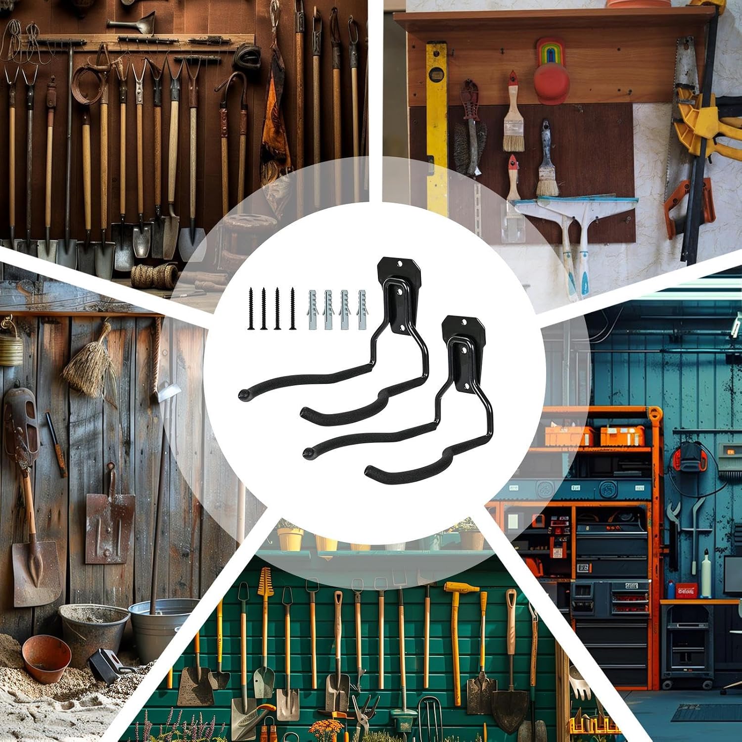  Générique Porte-Outils De Jardin Mural | Support D'Outils Noir Antirouille - Suspension Pour Outils | Organisateur Polyvalent Gain De Place Avec Crochets Pour Système De Rangement Mural De Garage