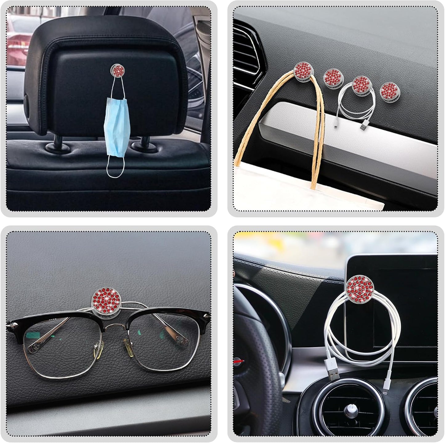  TOMALL Lot De 4 Crochets De Voiture En Forme De Cercle - Jolis Crochets Pour Tableau De Bord - Pour Clés, Câble De Charge - Crochet De Rangement Universel à Suspendre - Accessoires Diamant Pour