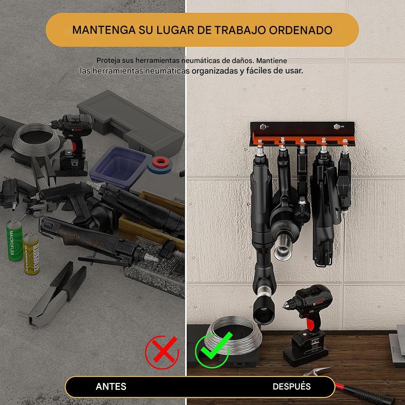 Genérico Organisateur D'outils Pneumatiques | Étagère Murale Avec 5 Fentes Pour Stockage, Crochet Pour Outils électriques, Perceuse, Tournevis, Meuleuse, Appareils électriques, Atelier