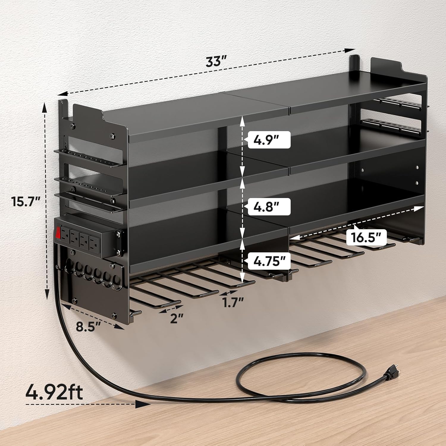  POKIPO Grand Support Mural Pour Outils électriques Avec Station De Charge, 4 Couches En Métal Robuste, Charge 272,2 Kg Avec 8 Porte-perceuses Sans Fil, Charge De Batterie Avec 4 Multiprises