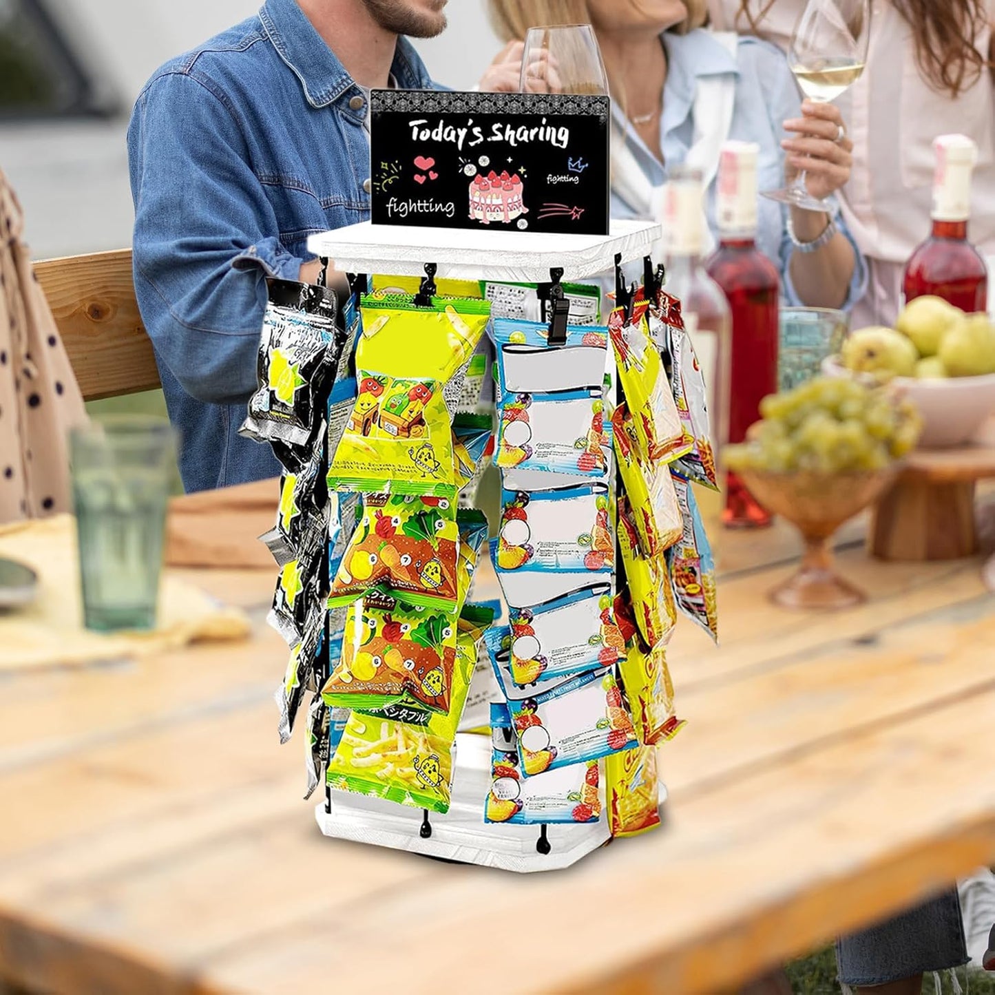  Présentoir à Chips - Organisateur De Snacks Avec Support En Bois - Présentoir Tournant 5 Niveaux 40 Pinces, Organisateur De Cuisine Avec Base En Bois Et Tableau D'Affichage Pour Comptoir Et Stockage