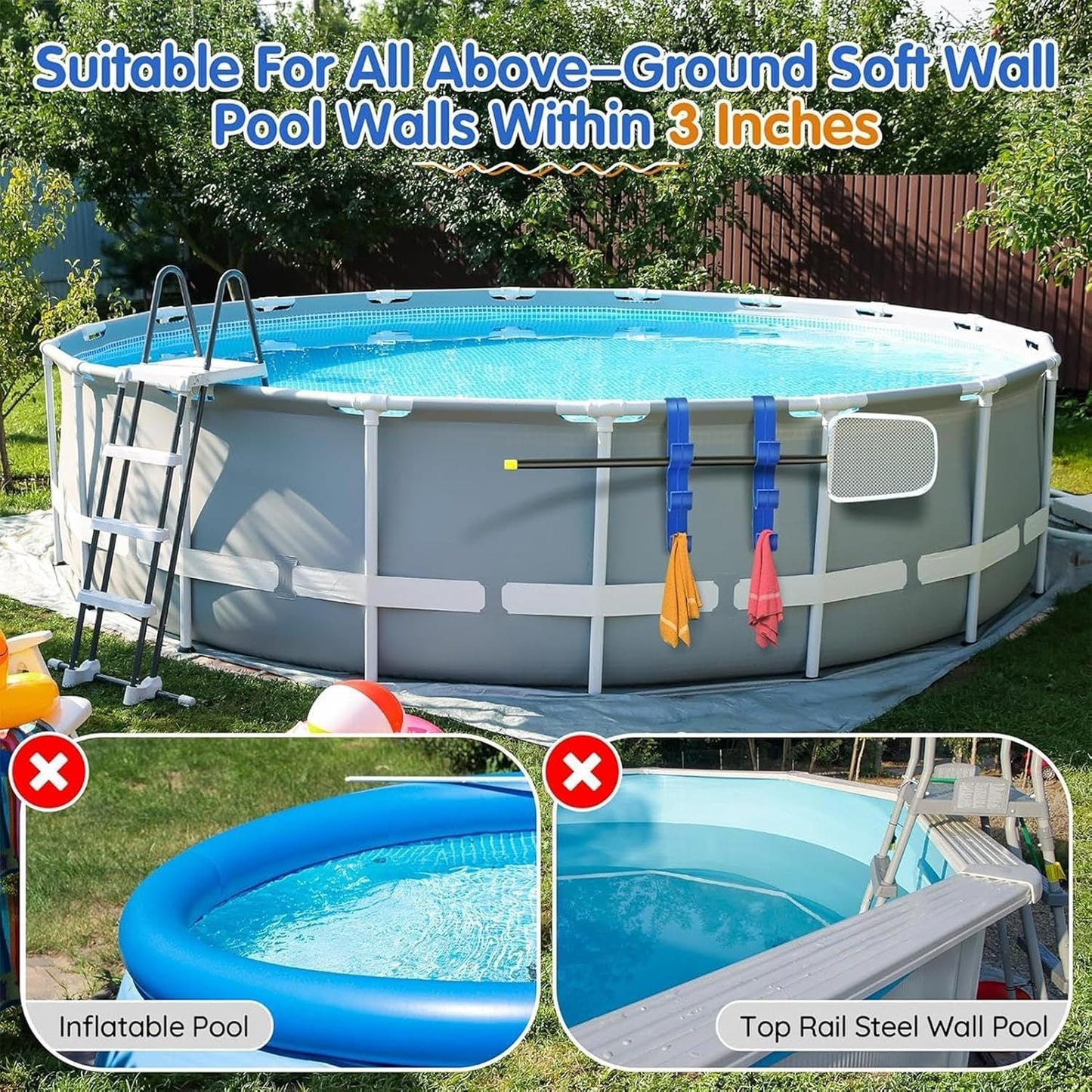 GENERIC Crochets D'équipement De Piscine – Support De Rangement Réglable à 3 Crochets | Support De Poteau De Piscine – Pour Tiges Télescopiques, épuisettes, Brosses, écumoire, Tuyau D'aspirateur, Outils De