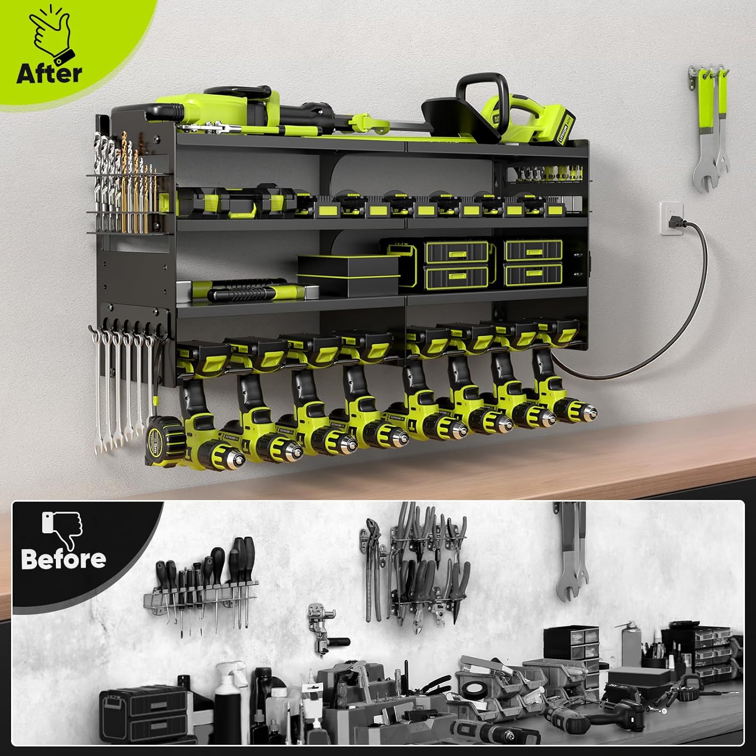  POKIPO Grand Support Mural Pour Outils électriques Avec Station De Charge, 4 Couches En Métal Robuste, Charge 272,2 Kg Avec 8 Porte-perceuses Sans Fil, Charge De Batterie Avec 4 Multiprises