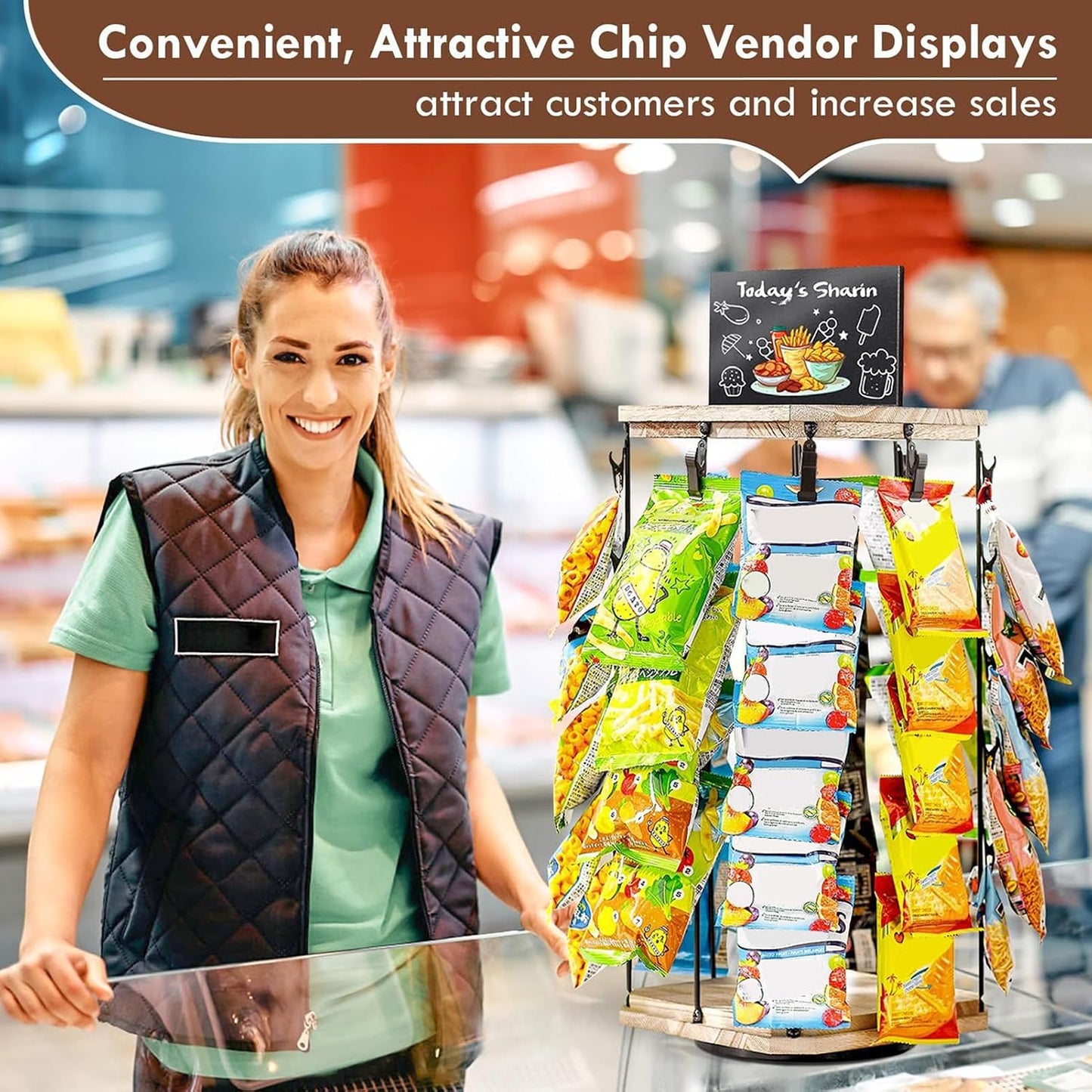  Présentoir à Snacks - Support À Chips Organisateur Avec Porte-Étiquettes - 5 Niveaux 40 Pinces Plateau Tournant 360° Avec Tableau D'Affichage Pour Organisation De Cuisine Et Garde-Manger
